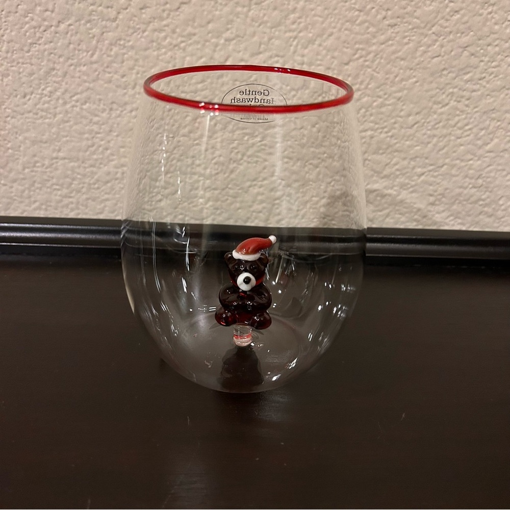 Anthropologie Jolly Icon Stemless Wine Glass Teddy Bear Santa Hat NEW